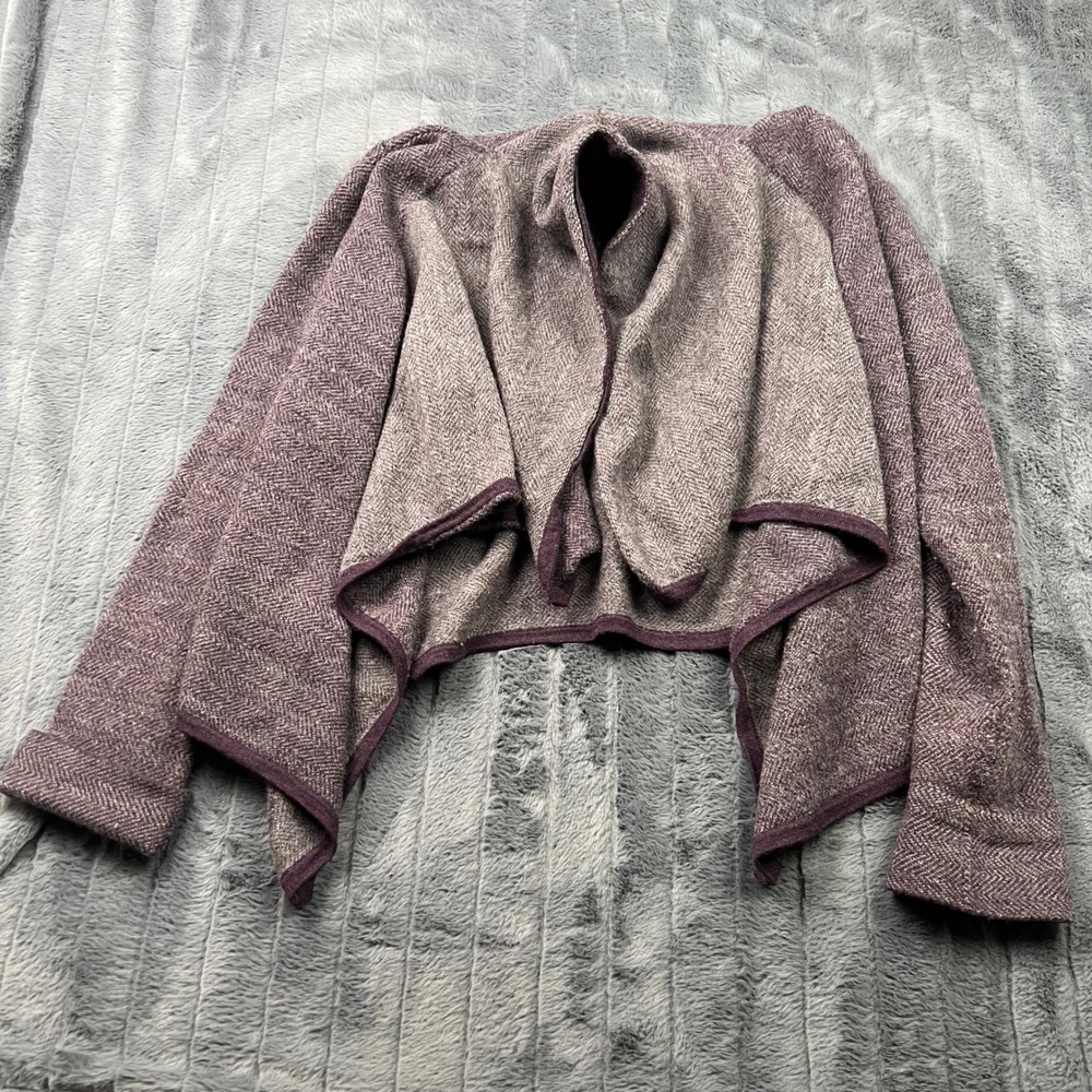 Elena Solano Purple Herringbone 100% Merino Wool Draped Open Cardigan Medium